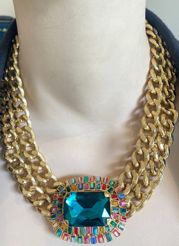 Vintage boxed Butler and Wilson Egyptian style multicoloured thick gold toned chain choker necklace Christmas bling