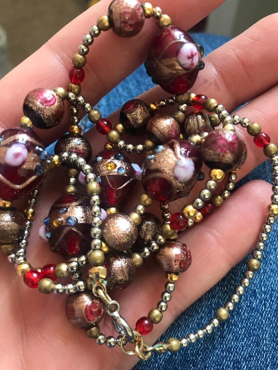 Stunning Venetian glass wedding cake lamp work beaded necklace red and gold