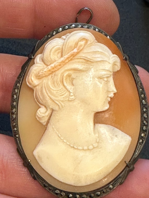 Sterling Silver (800) framed  carved shell cameo pin pendant brooch adorned with Marcasites