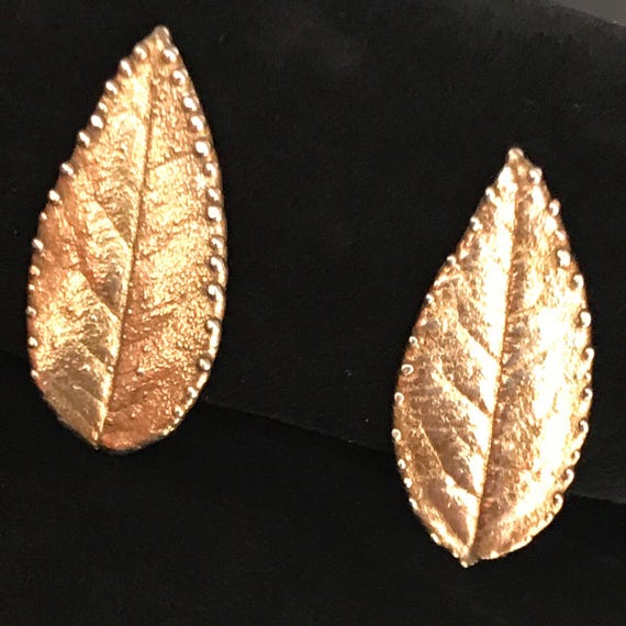 Vintage Sterling silver gold wash Clip on earrings signed Eggert Denmark leaf shaped