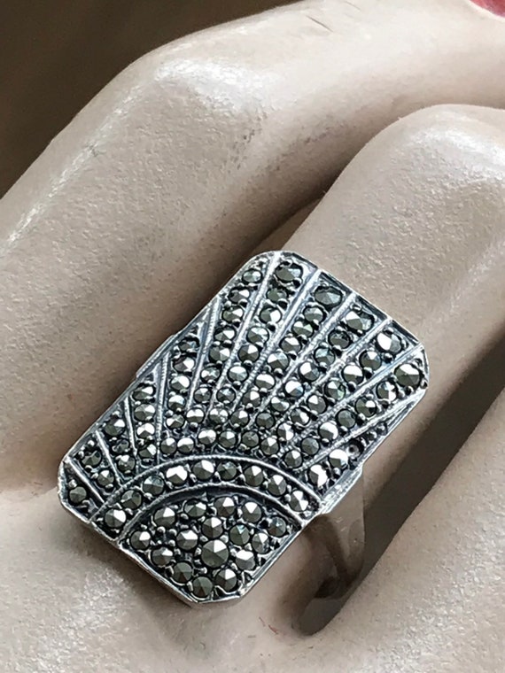 Striking original Art Deco solid silver and Marcasite geometric sunray ring