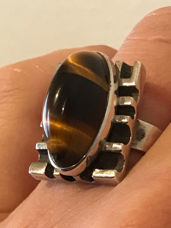 Vintage South African solid Sterling silver 1970s Brutalist Tigers eye agate Statement ring size UK P US 7.5