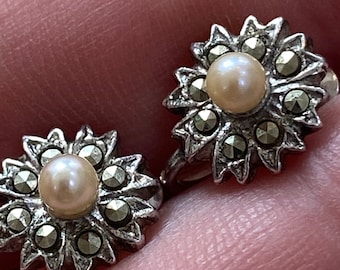 Vintage Art Deco era solid silver Marcasite and pearl screw backed earrings