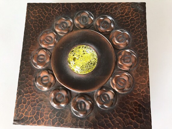 Vintage hammered copper arts and crafts style box with central glass cabochon c1960s