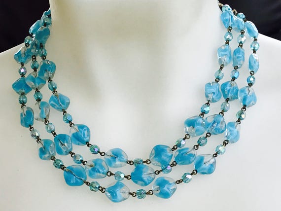 Stunning vintage baby blue 3 strand glass beaded necklace