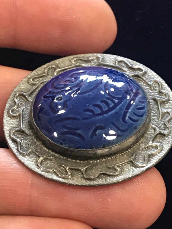 beautiful original vintage Ruskin style pewter brooch/ pin blue tile cabochon center