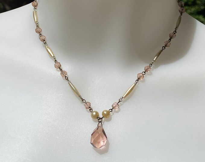 Art Deco gold pale pink crystal faceted glass droplet Lavaliere style Necklace 17 inches.