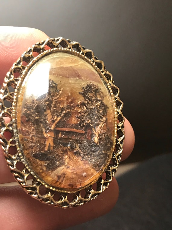 Vintage cottage scene Australian paperbark picture brooch/ Pendant by G Mettclafe