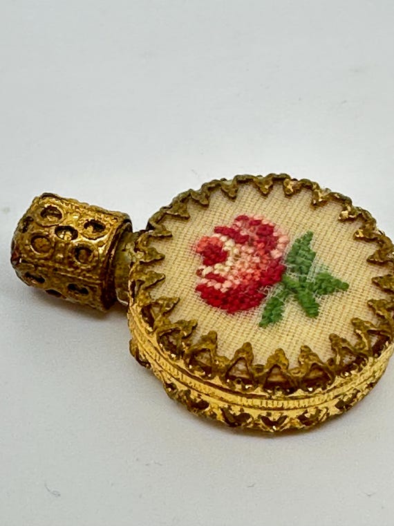 Vintage Miniature needle point glass Perfume Bottle Gold Filigree Art Deco era
