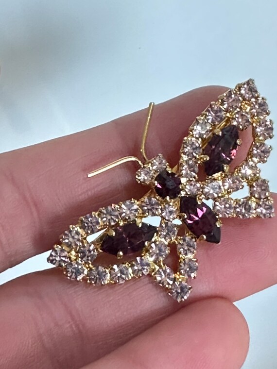 Striking pink and purple glass rhinestone gold plated butterfly brooch pin