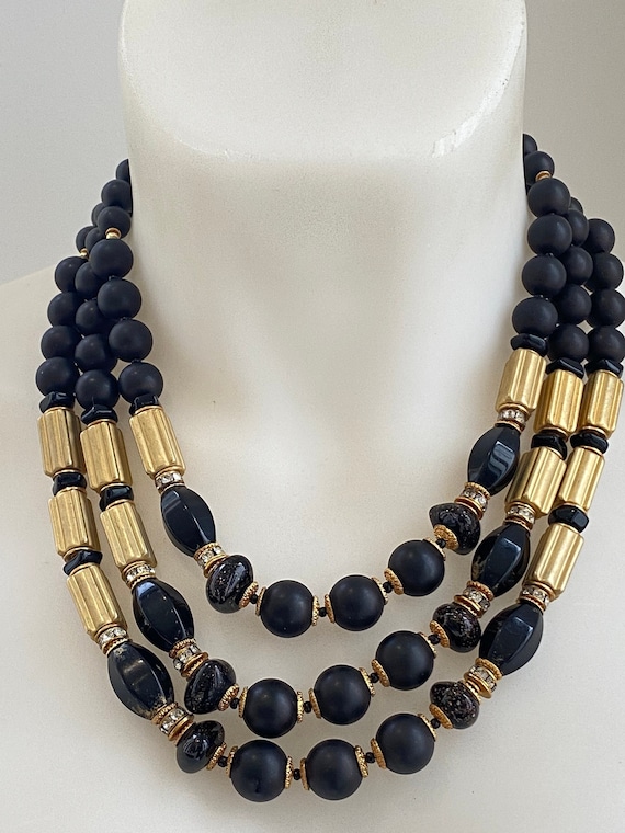 Vintage Italian designer three stranded black and gold beaded necklace signed ELLELLE