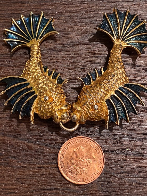 Unusual vintage gold toned and enamelled flying fish Angel fish koi fish belt buckle