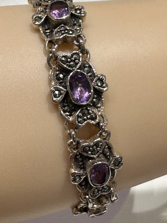 Vintage silver Marcasite and Amethyst bracelet - image 1