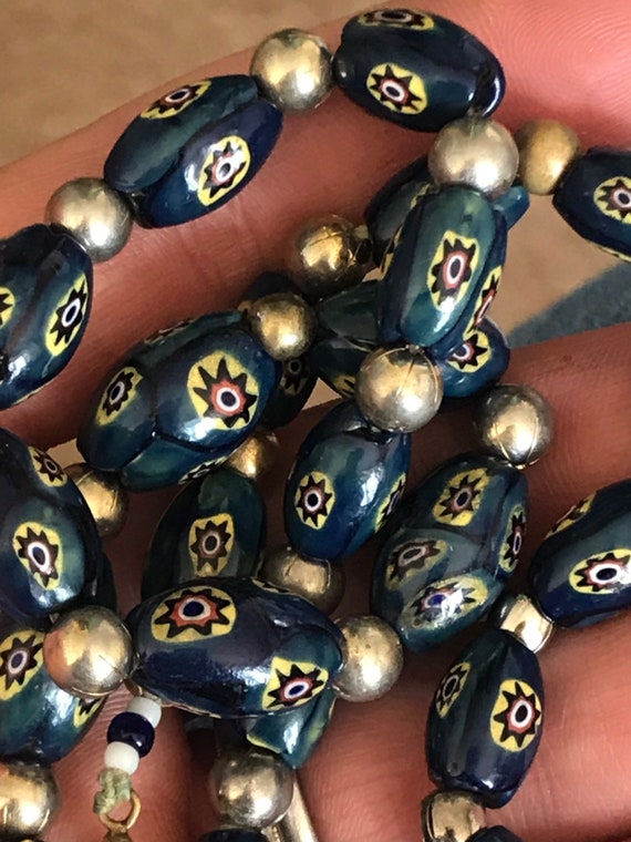 Vintage Venetian teal blue millefiori glass beaded necklace 22 inches in length