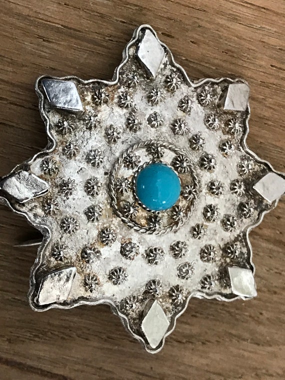 Vintage Islamic Silver and Turquoise eight pointed star pin brooch