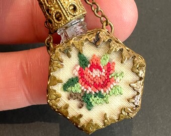 Vintage  Miniature needle point Perfume Bottle Brooch Gold glass Filigree Art Deco era