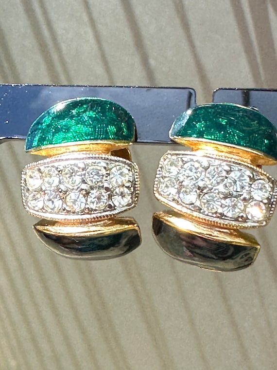 Vintage Enamel Clip On Earrings: Pave Crystal, Gold Plated