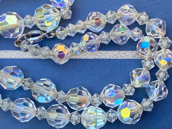 French Art Deco aurora borealis crystal faceted glass beaded Necklace on silver chain 17 inches.