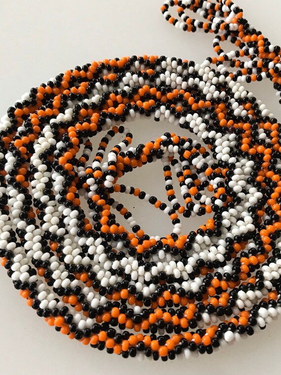 Vintage 1970's geometric striped African style glass seed bead tassel necklace 49"