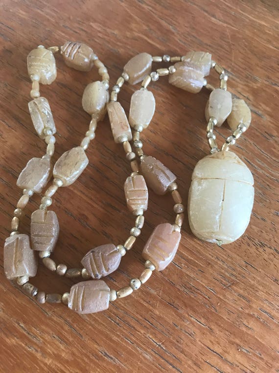 Vintage hand Carved Scarab Soap Stone beaded Necklace