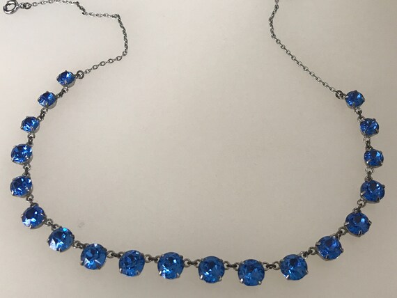 Stunning 1950s blue graduated rhinestone necklace signed Czechoslovakia 17" length
