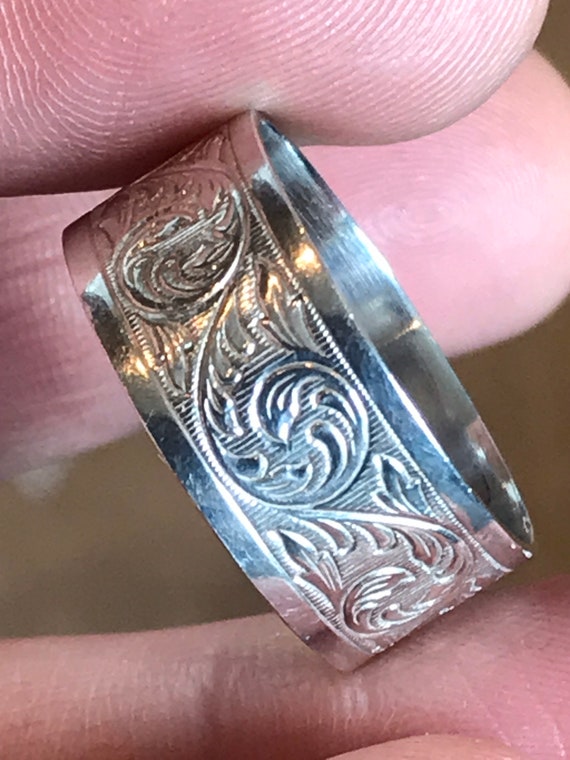 Vintage Sterling silver engraved scroll pattern band ring size T U.S 10
