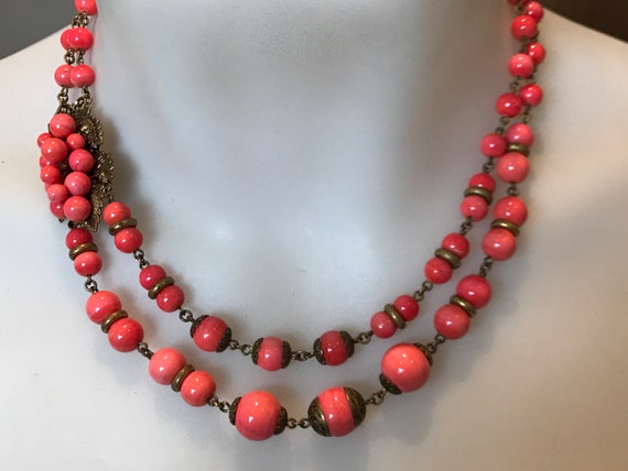 Art Deco Czech two stranded coral glass beaded necklace with grape detail clasp