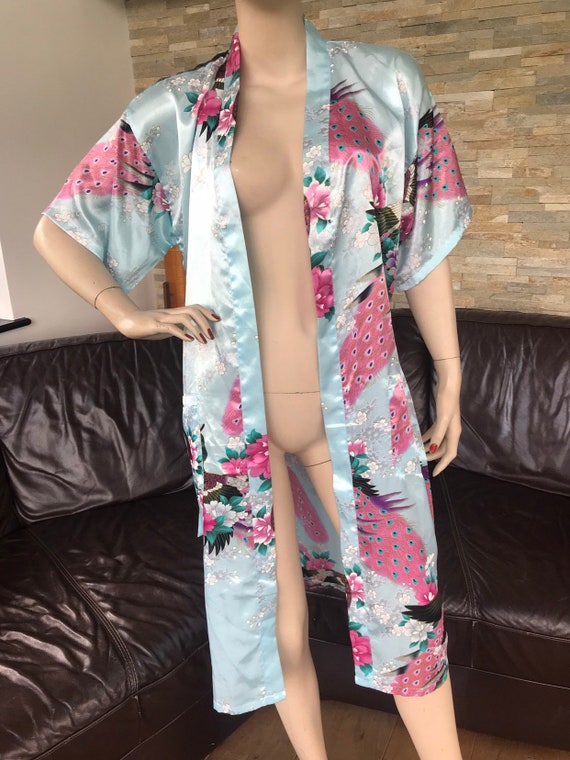 Beautiful dressing gown Kimono robe blue Satin peacocks and blossom sz S