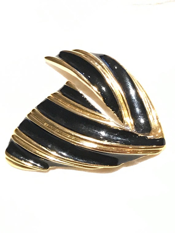 Vintage 1980s D’Orlan black enamel and gold plated modernist style brooch pin