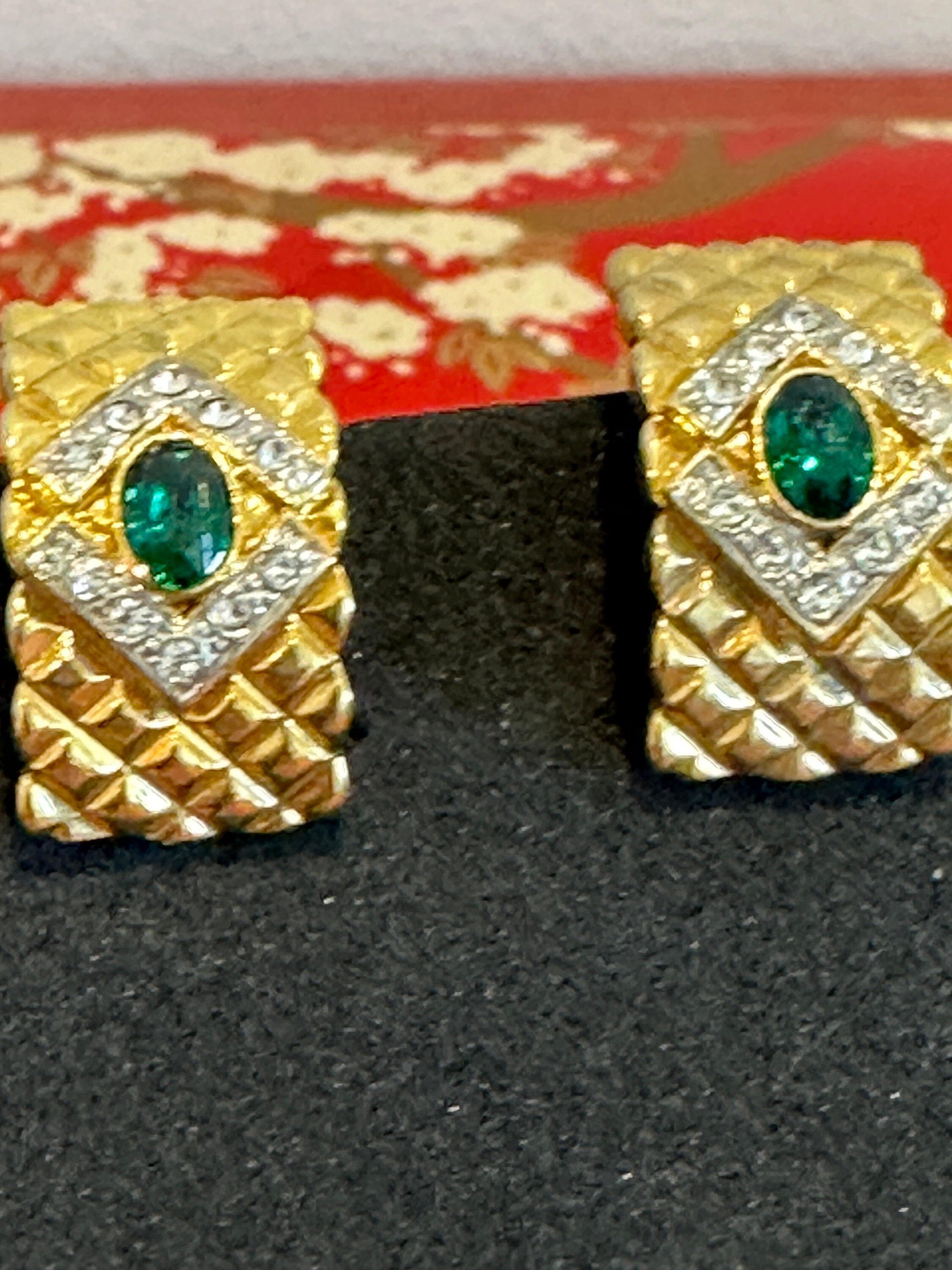 Boucles D'oreilles Clips Vintage Or Et Pierre Verte - Modèle 403 - Bijou Ancien Rare
