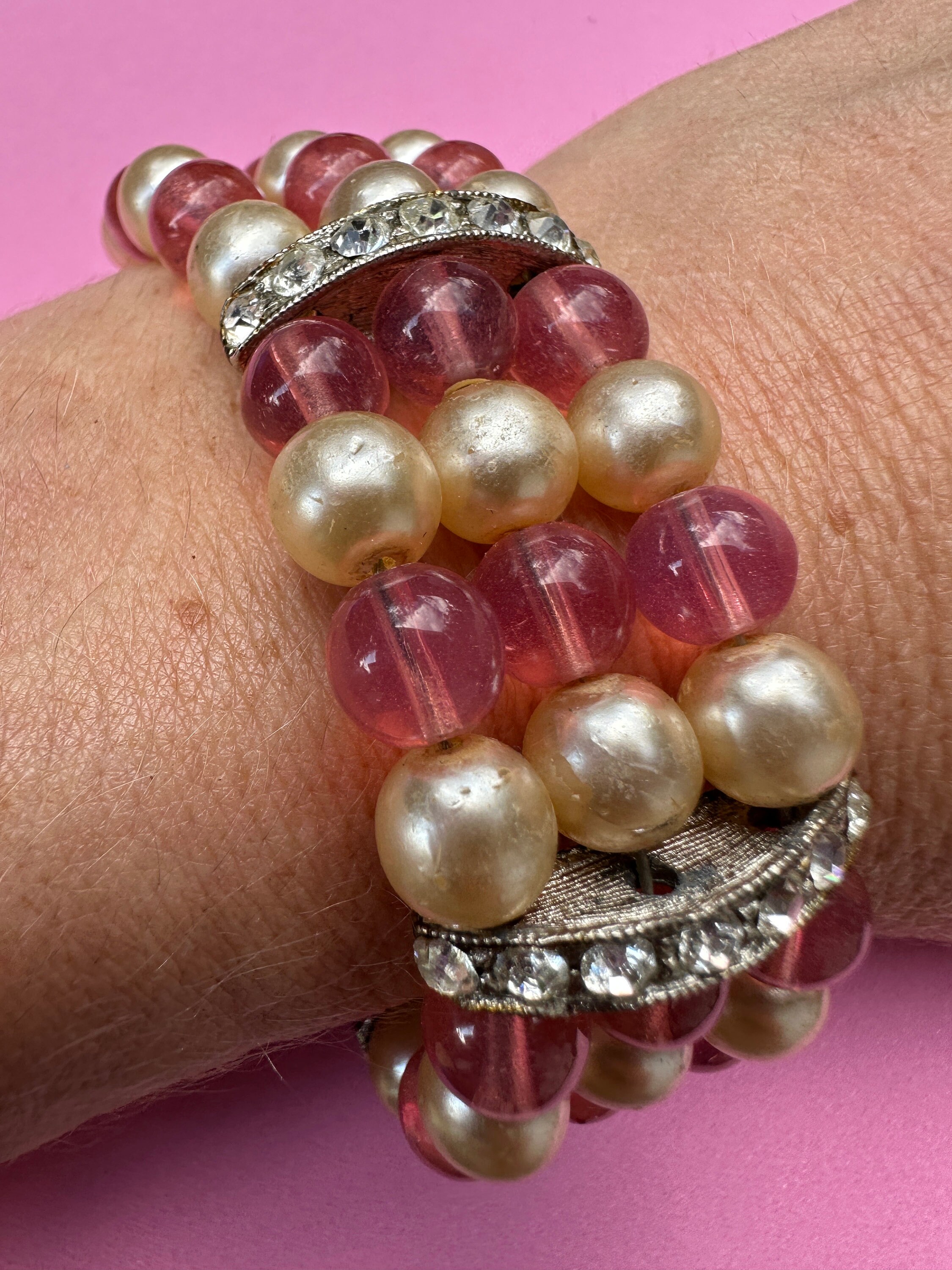 1950s Vintage Pearl, Pink Glass and Rhinestone Bracelet - Etsy