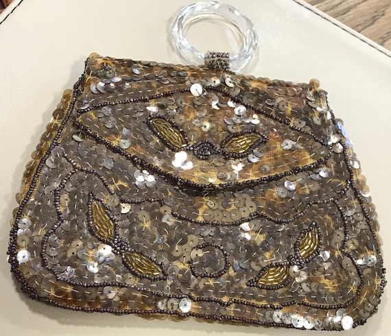 Art Deco beaded and sequinned evening purse bag Made in Czechoslovakia. Glass handle