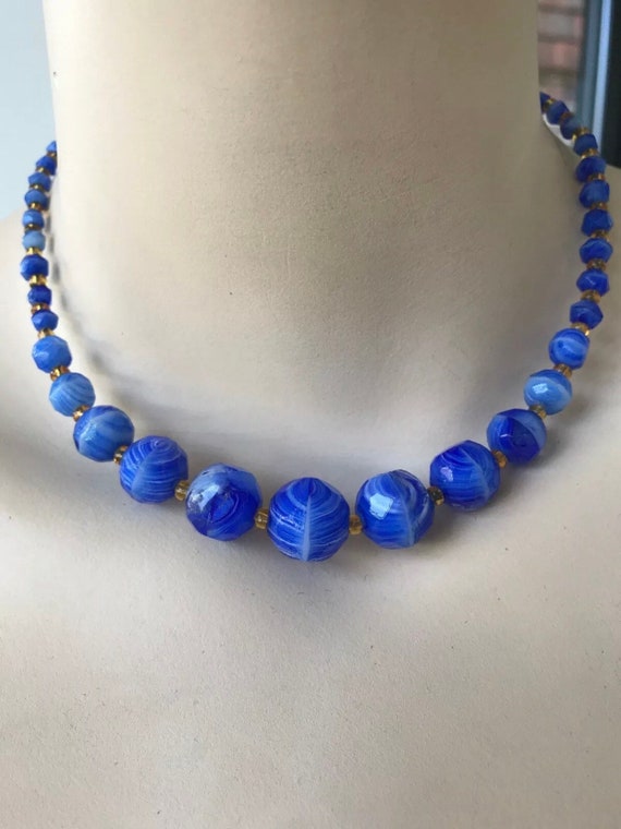 Vintage Venetian swirling blue beaded glass necklace 16 inches in length