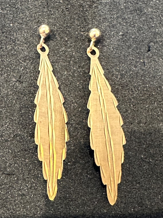 Feather leaf  shaped long 9ct yellow gold handmade long drop earrings