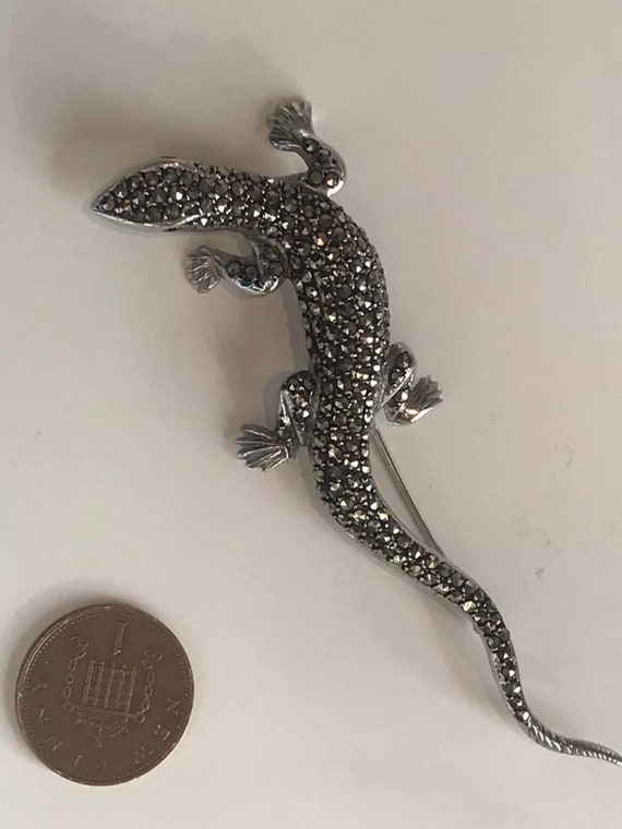 Large Vintage Sterling Silver Lizard Brooch With Green Eyes ELD Import Date 1964