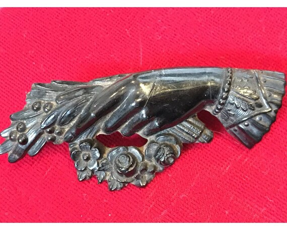 Antique Victorian Whitby Jet floral hand mourning brooch