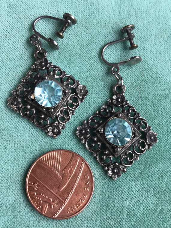 A beautiful pair of vintage blue diamante droplet earrings Art Deco style screw backed