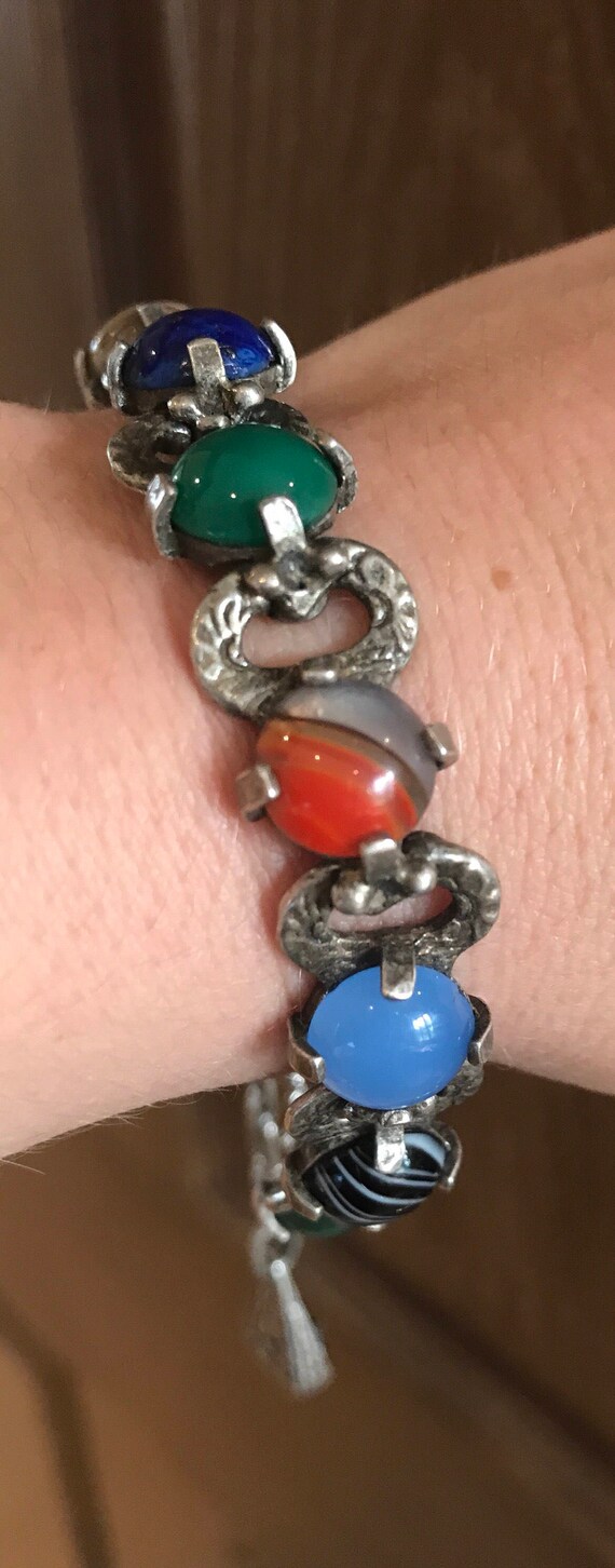 Vintage silver toned faux agate Celtic Scottish pebble bracelet c1950/60s