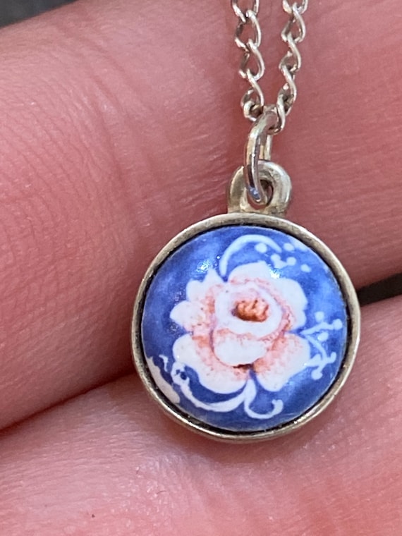 Vintage 1970s sterling silver hand painted enamelled charm necklace on a 16 inch silver chain Rose flower