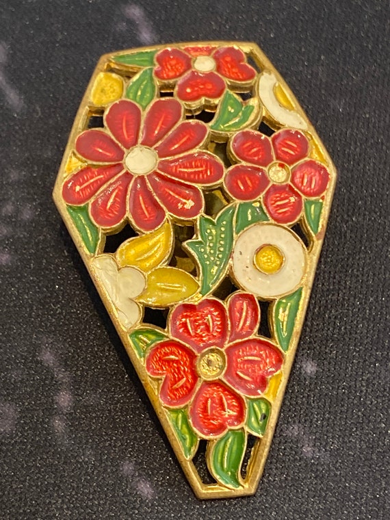 1920-30s floral cold plated enamel vintage clip.