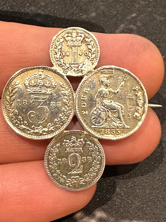 Victorian Antique sterling solid silver collectors coin brooch pin dated 1838, 1840,1855,1888