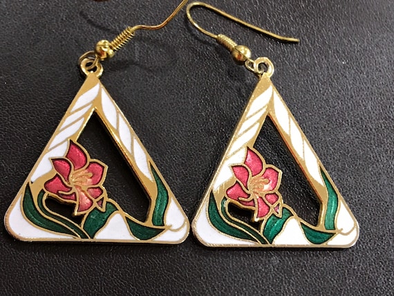 Vintage cloisonné enamel triangle floral drop earrings 1990s