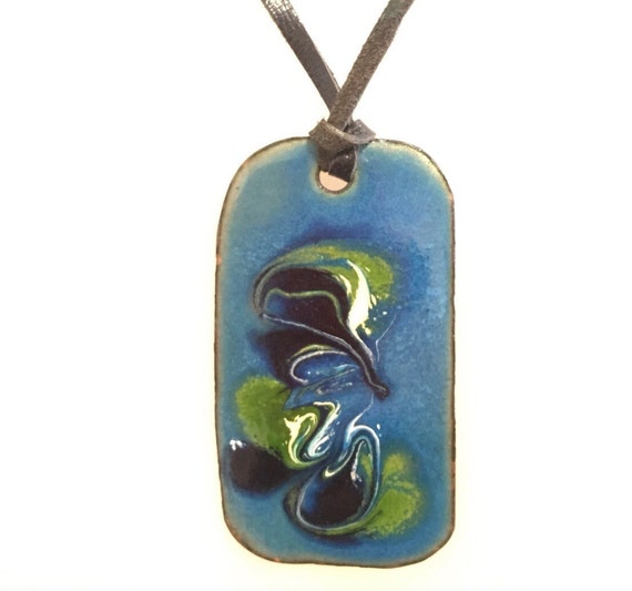 1960/70s coloured glass enamelled copper pendant on leather