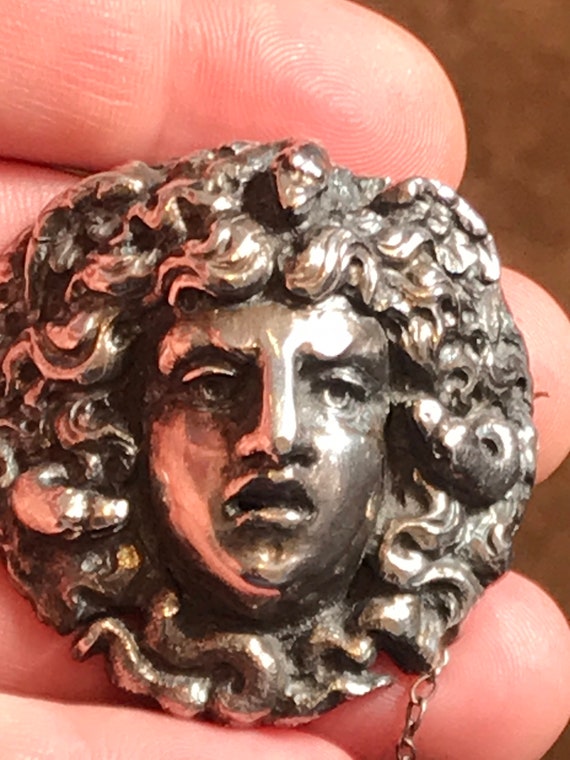 Stunning Rare Antique Victorian Silver Medusa with snakes head brooch pin