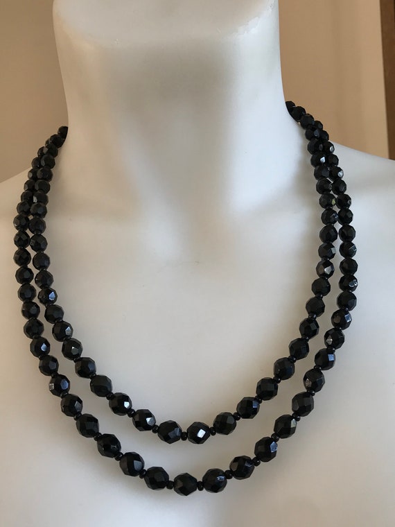 1950s vintage French jet black glass 2 Stranded beaded necklace
