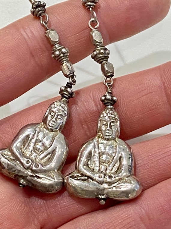 Buddha Pendant Sitting Buddha Meditating Solid 925 Silver long drop pierced hook earrings