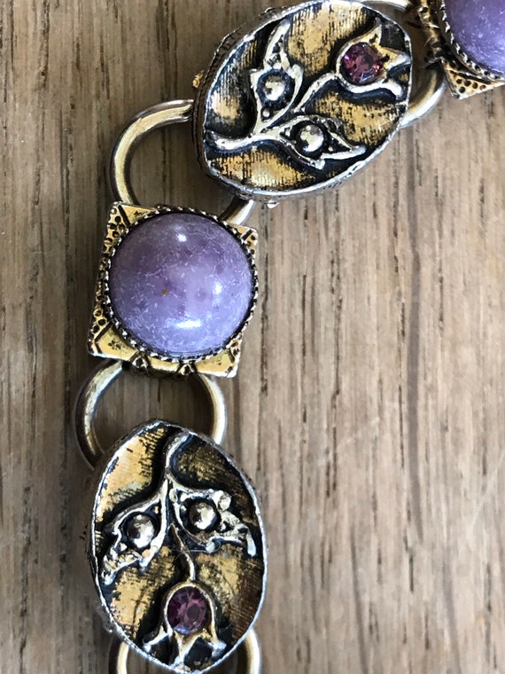 Vintage silver toned faux purple agate Celtic style Scottish thistle pebble bracelet c1950/60s