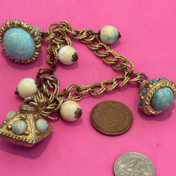 Vintage gold plated chunky charm bracelet with large faux turquoise charms