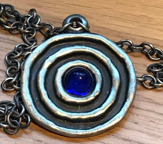 Vintage signed LJUNG UTI LUND Swedish modernist style pendant necklace blue cabochon center