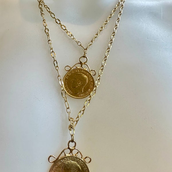 Up- cycled Vintage old coin medallion gold plated necklace two stranded layered